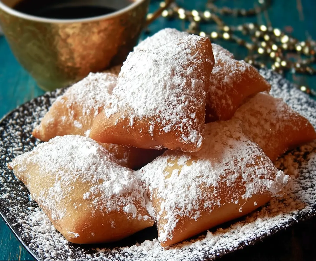 Delicious New Orleans Beignets dusted with powdered sugar on a rustic plate
