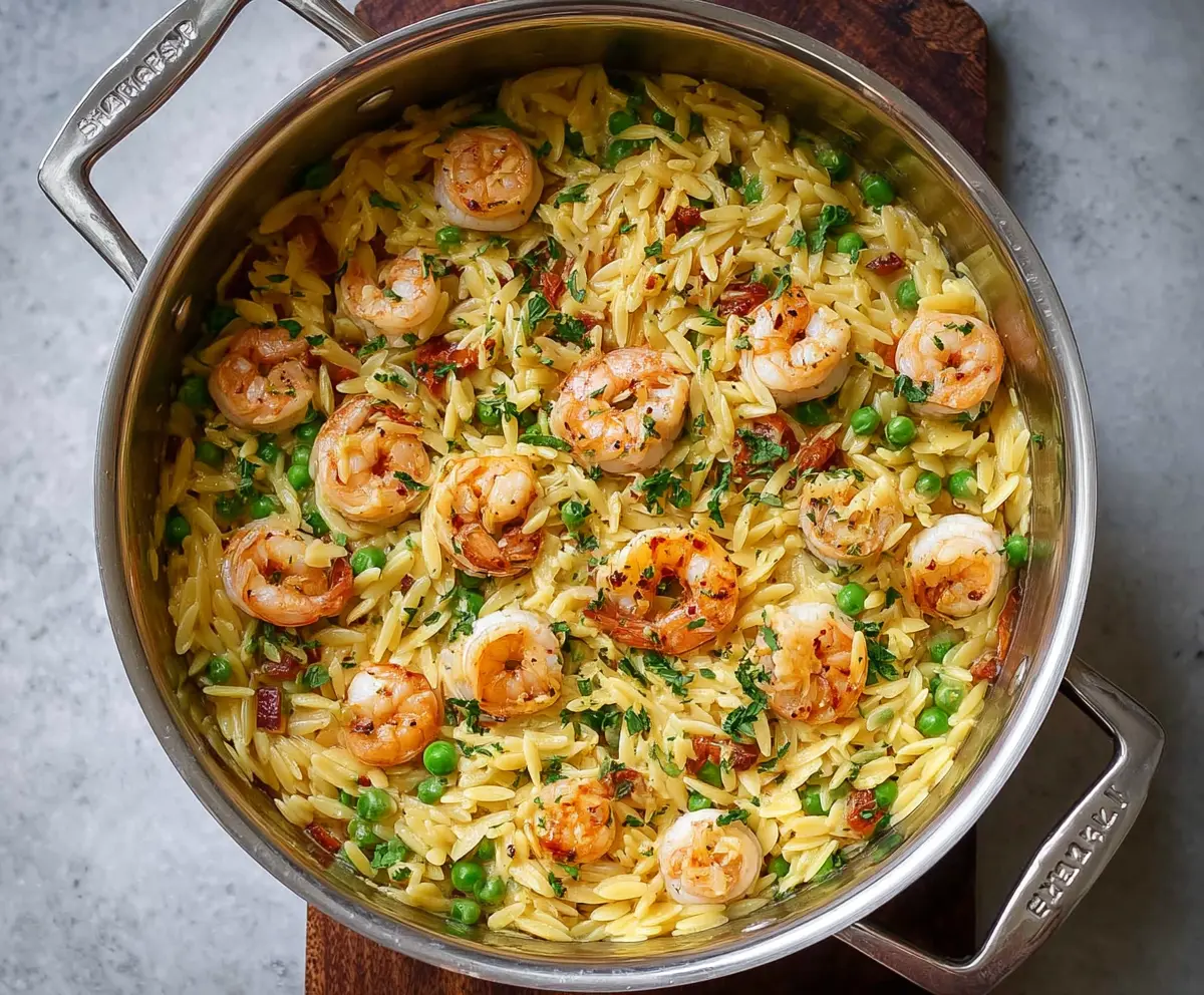 One Pot Pea + Shrimp Orzo