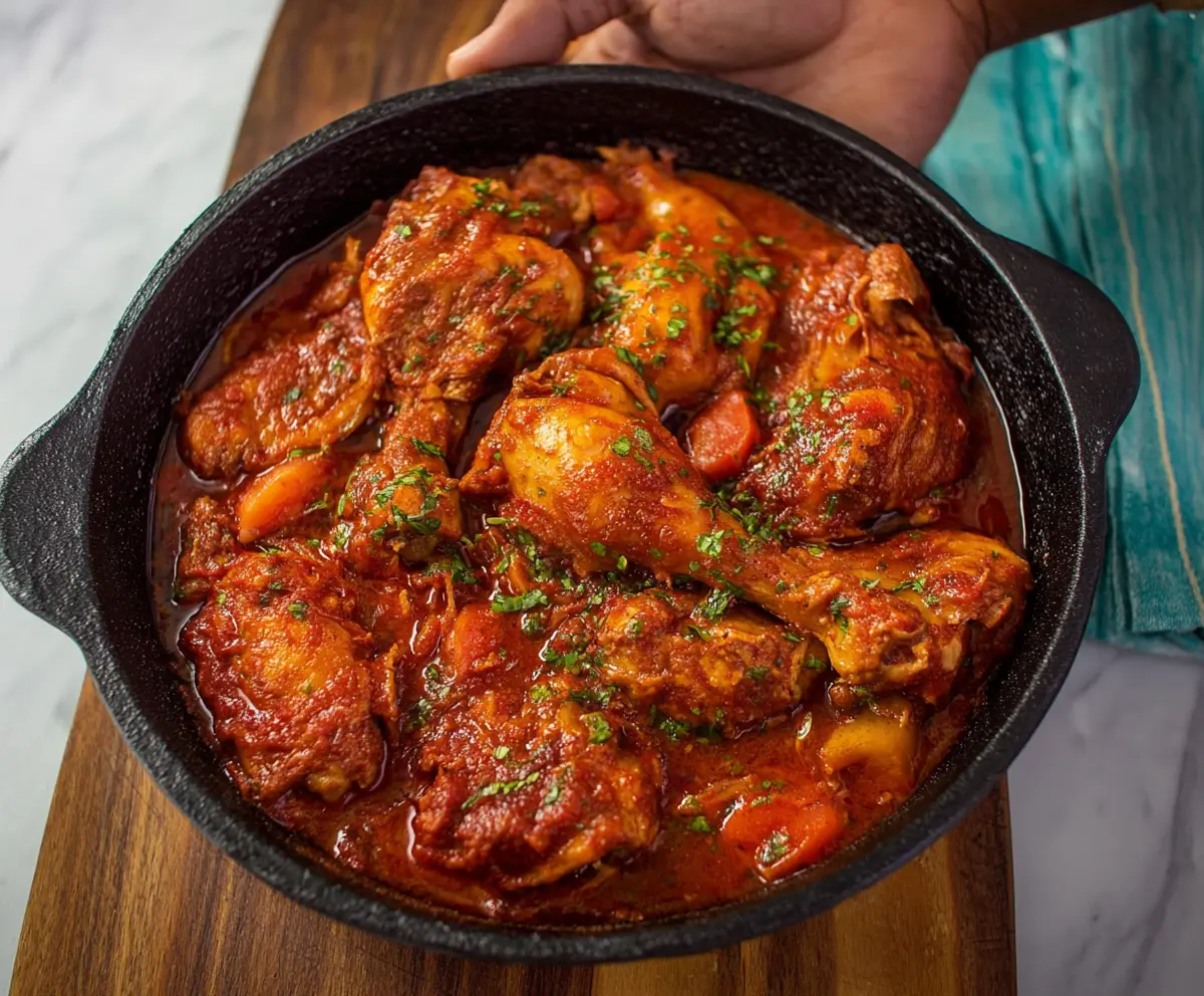 Delicious red stew chicken served with vibrant vegetables and spices, perfect for a hearty meal.