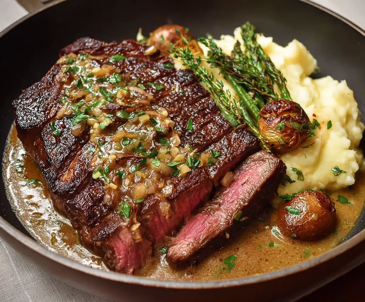 Juicy ribeye steak topped with a rich roasted garlic pan sauce on a ceramic plate.