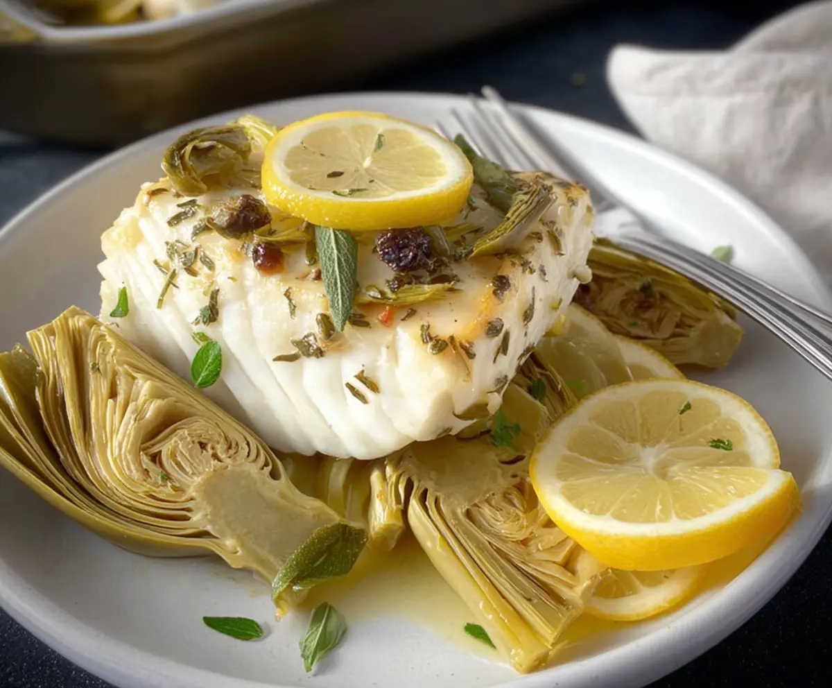 Delicious roasted halibut with artichokes and lemon on a rustic plate for a healthy seafood dinner.