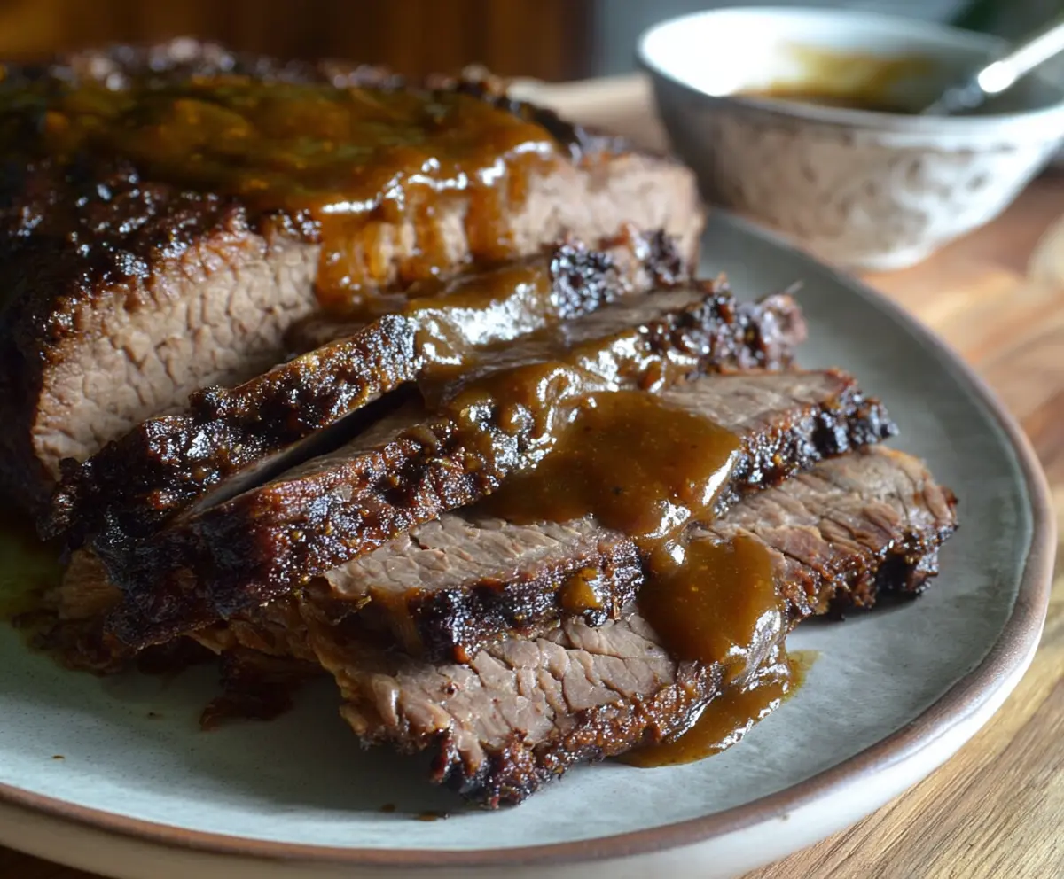 Juicy slow cooker brisket with tender, flavorful meat and a rich gravy.