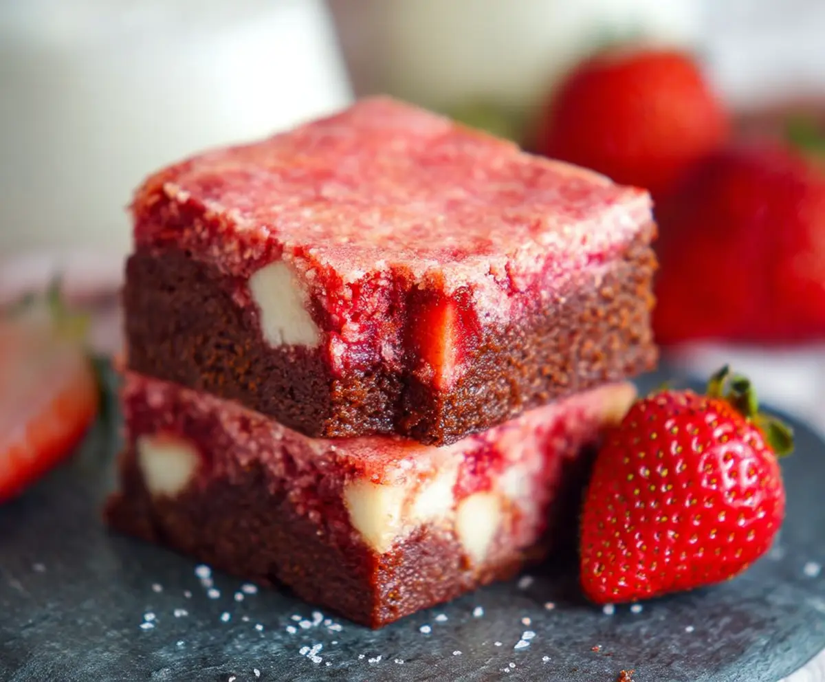 Delicious homemade strawberry brownies with fresh strawberries and rich chocolate layers