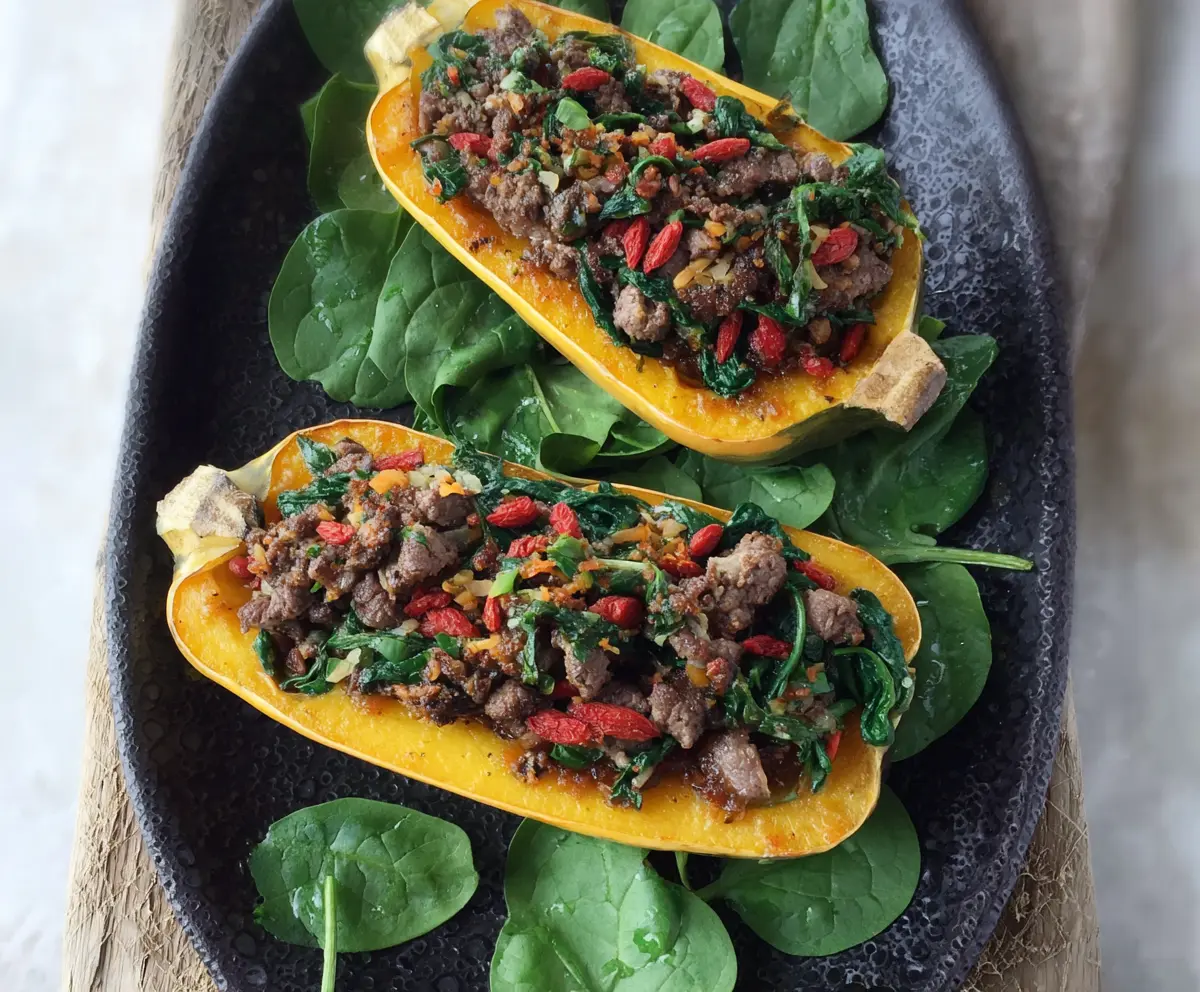 Stuffed Delicata Squash with Venison, Goji Berries & Spinach