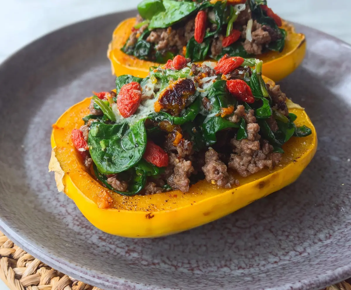 Delicata squash stuffed with venison, goji berries, and spinach, served as a flavorful main dish.