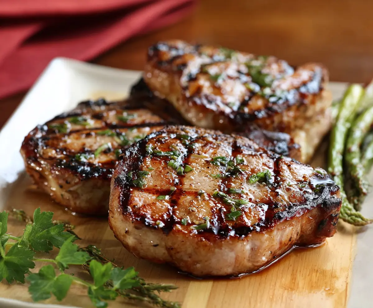 Juicy grilled hickory pork chops with smoky flavor served hot on a plate.