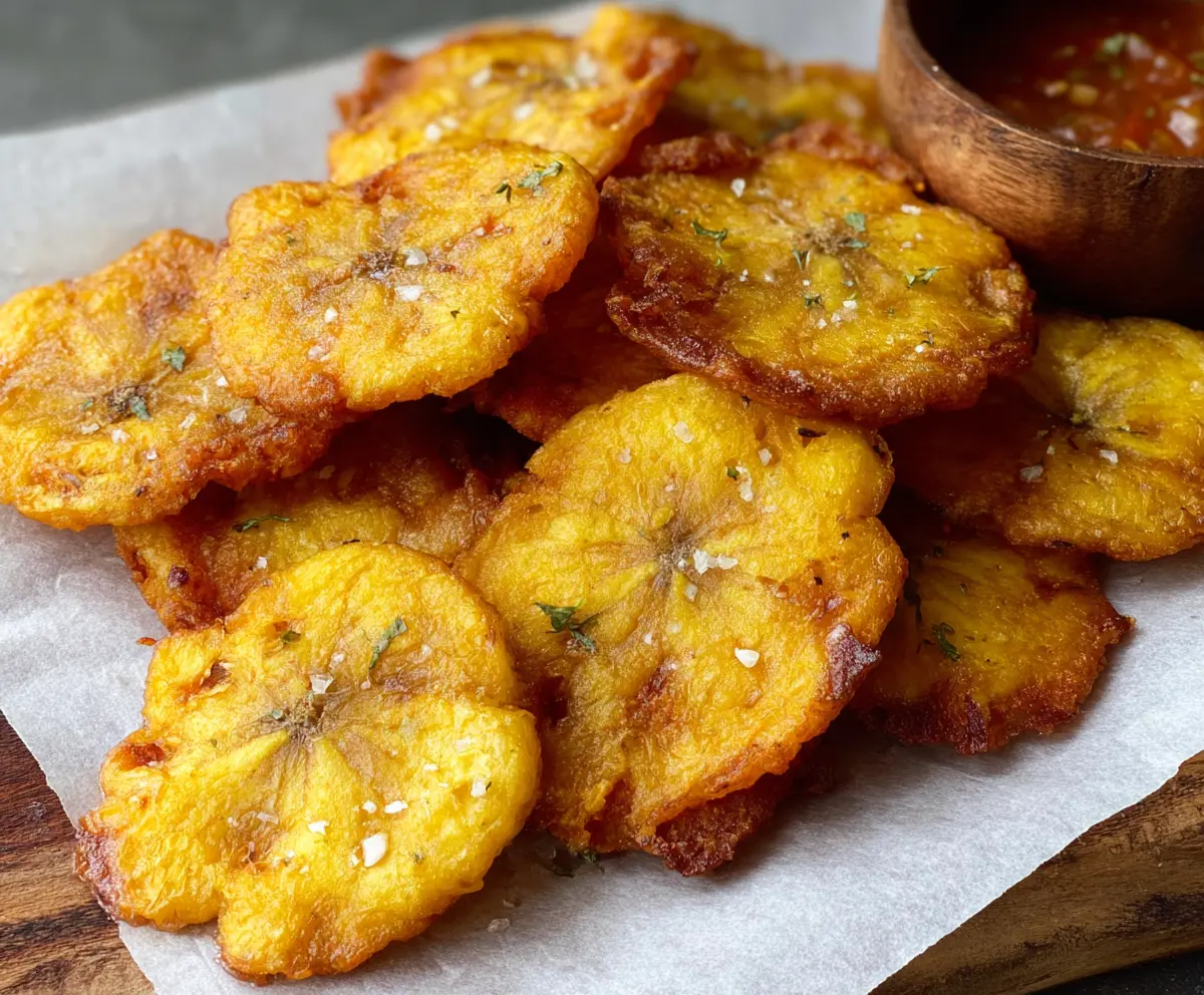 Crispy golden tostones served with dipping sauce on a wooden platter.