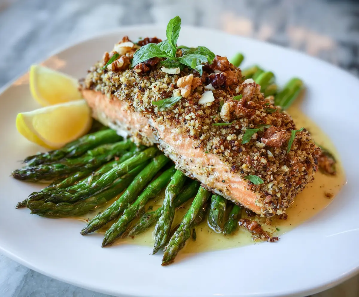 Delicious Walnut Crusted Salmon dish with crispy walnut coating and tender salmon fillet