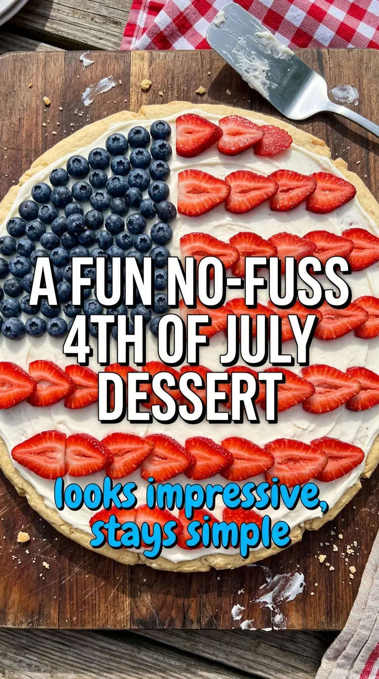 American Flag Fruit Pizza soft cookie crust, berry topping, cream cheese frosting