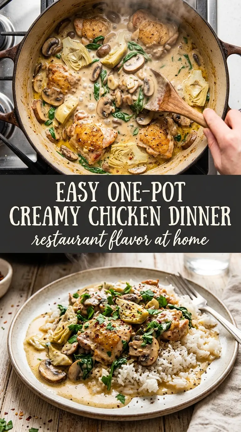 One Pot Creamy Spinach Mushroom Artichoke Chicken creamy savory skillet