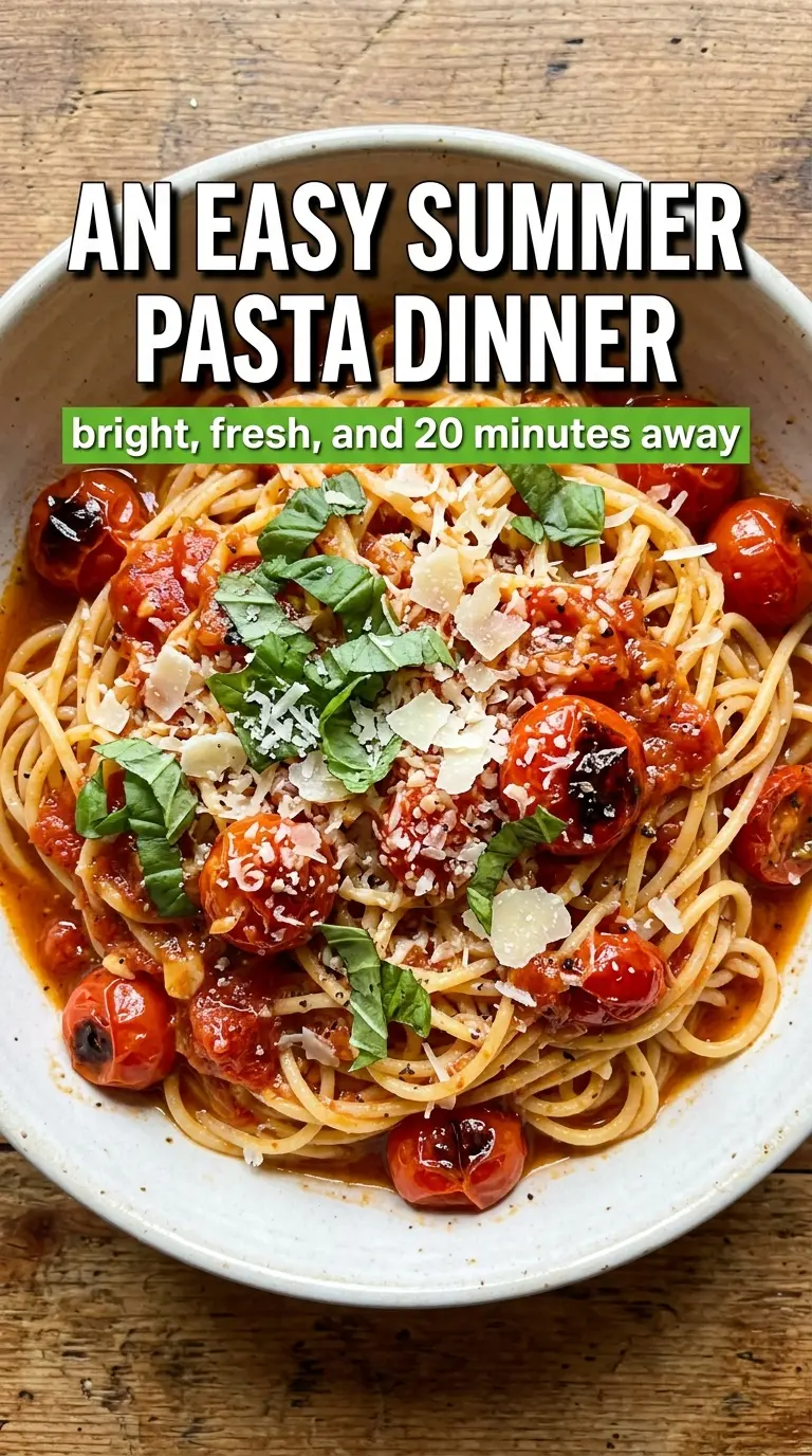 Burst Cherry Tomato Pasta With Garlic And Basil, saucy, fresh, bright