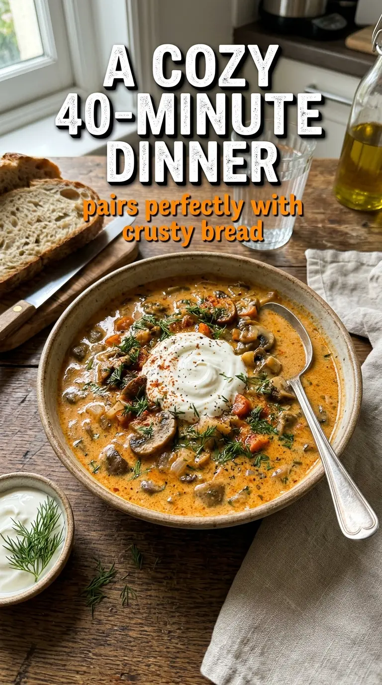 Modern Hungarian Mushroom Soup, creamy paprika, dill