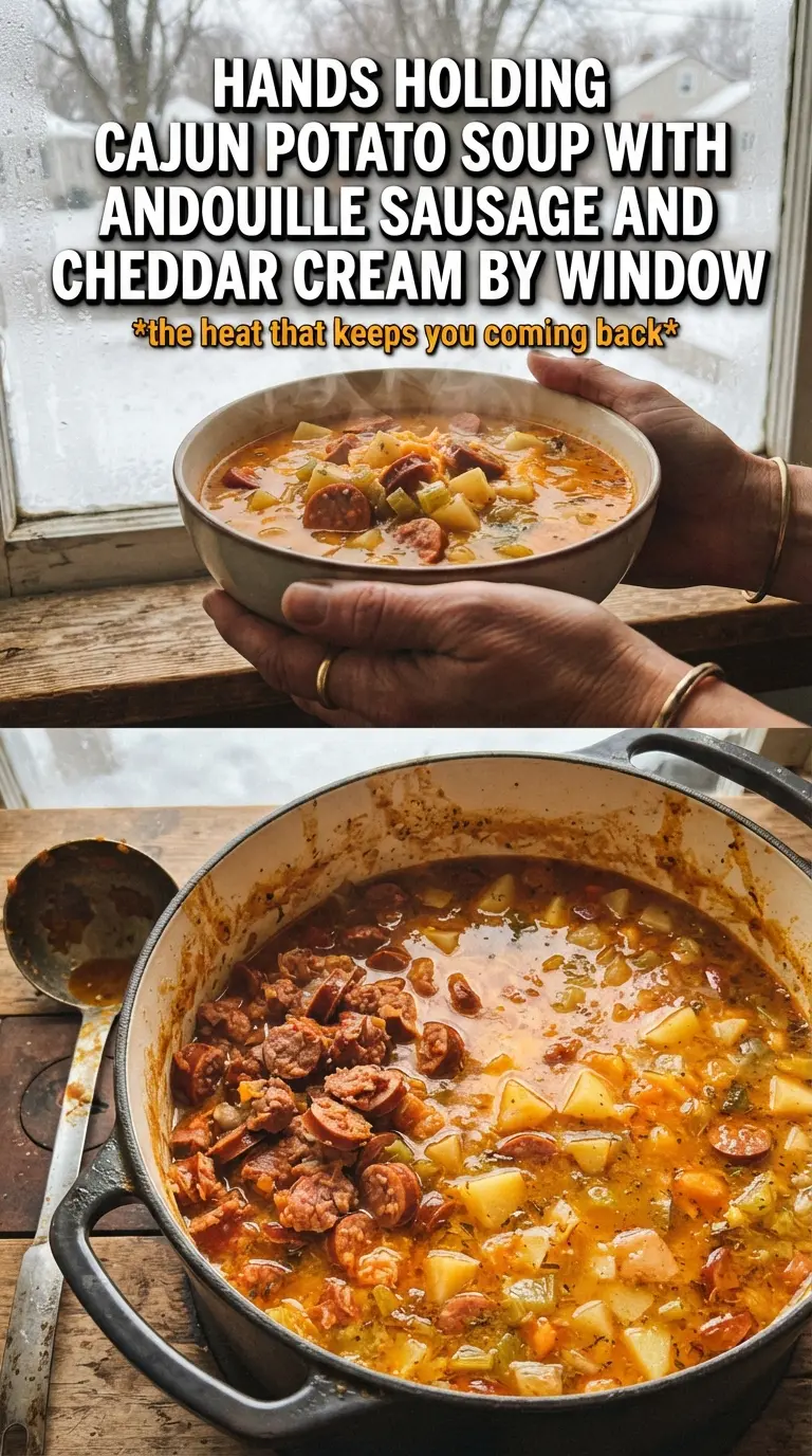 Cajun potato soup with andouille sausage and cheddar cream, smoky, creamy, hearty