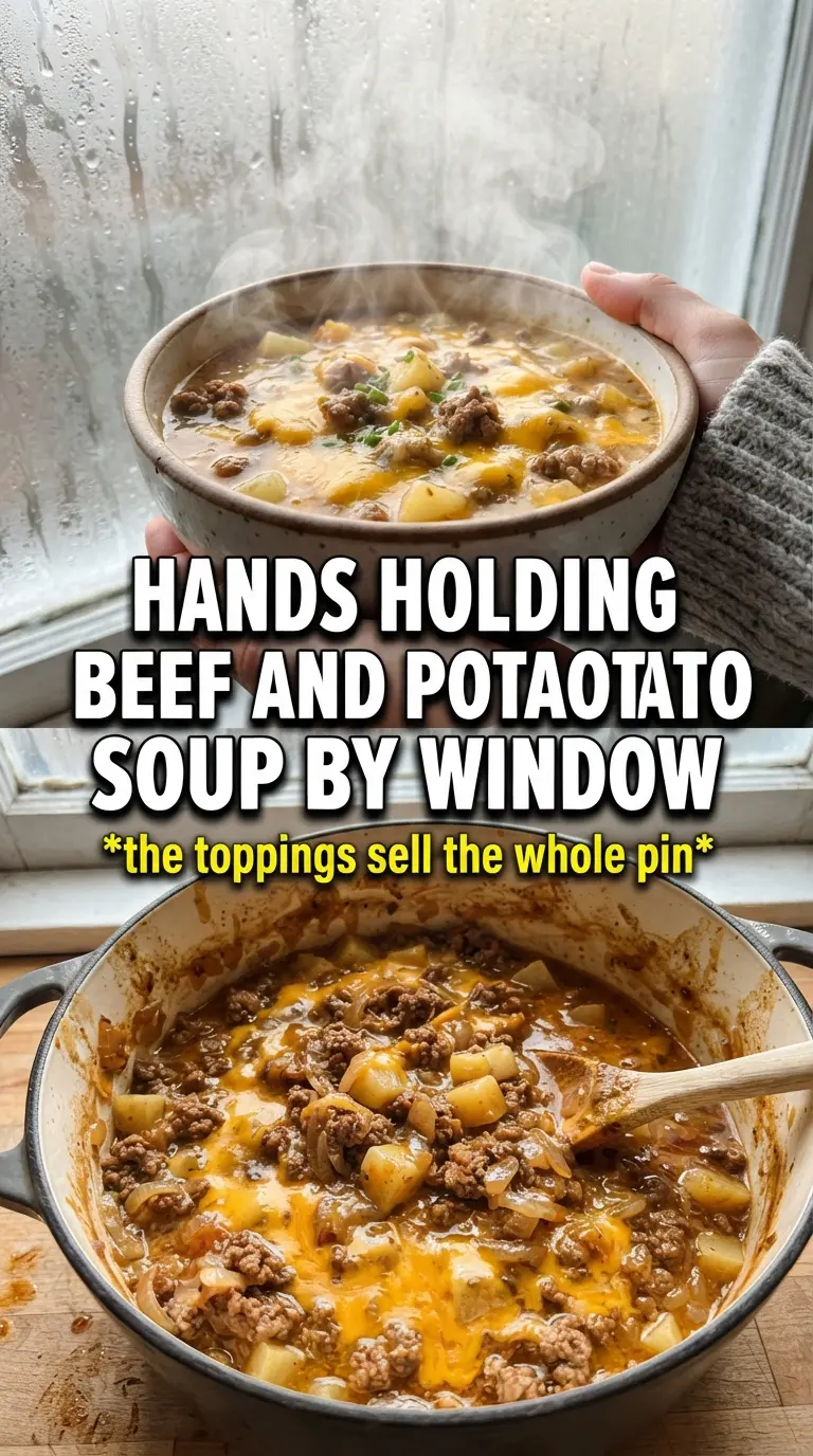 Cheesy beef and potato soup, hearty, creamy, chunky