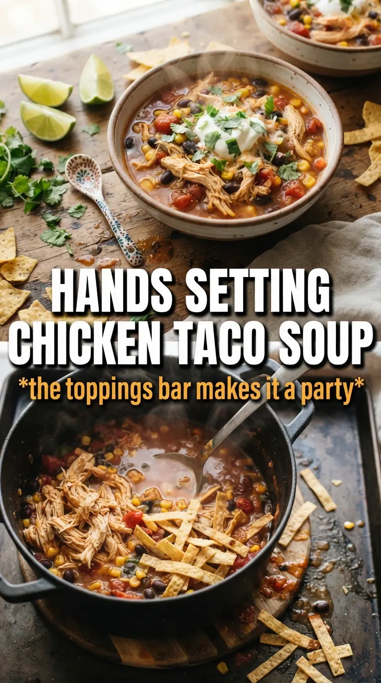 Chicken Taco Soup, golden broth, hearty toppings