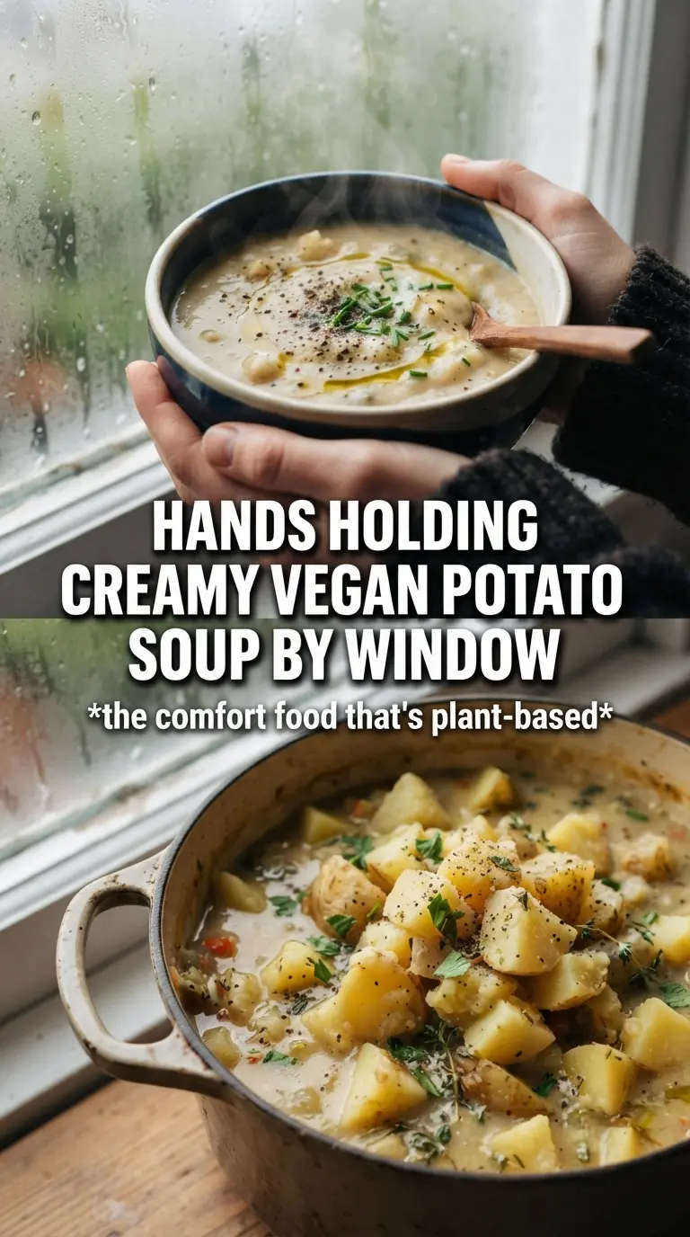Creamy Vegan Potato Soup silky golden, coconut cream, crispy chickpeas